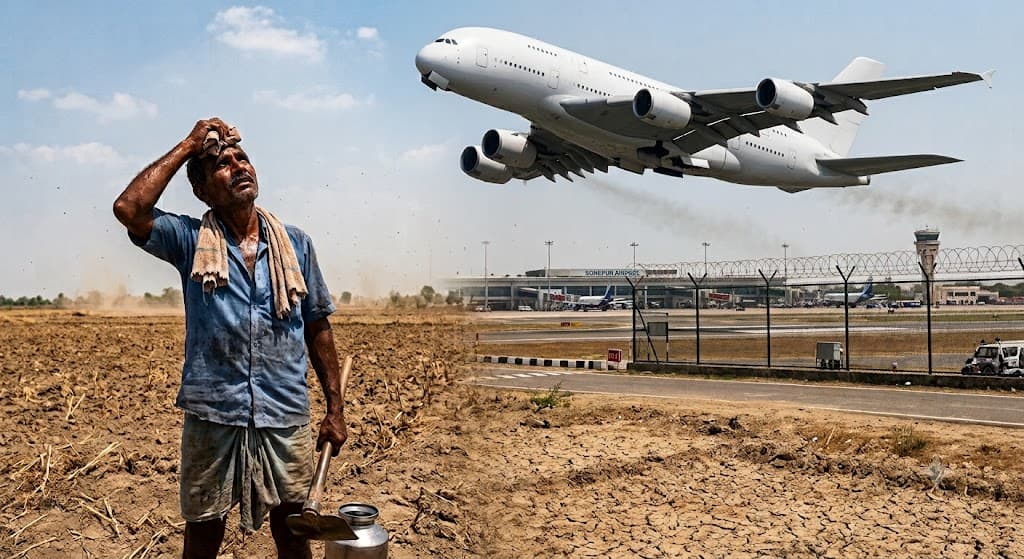 Illustration: a farmer standing on his field in the summer heat, looking up at a plane taking off from an airport built on the other half of his land